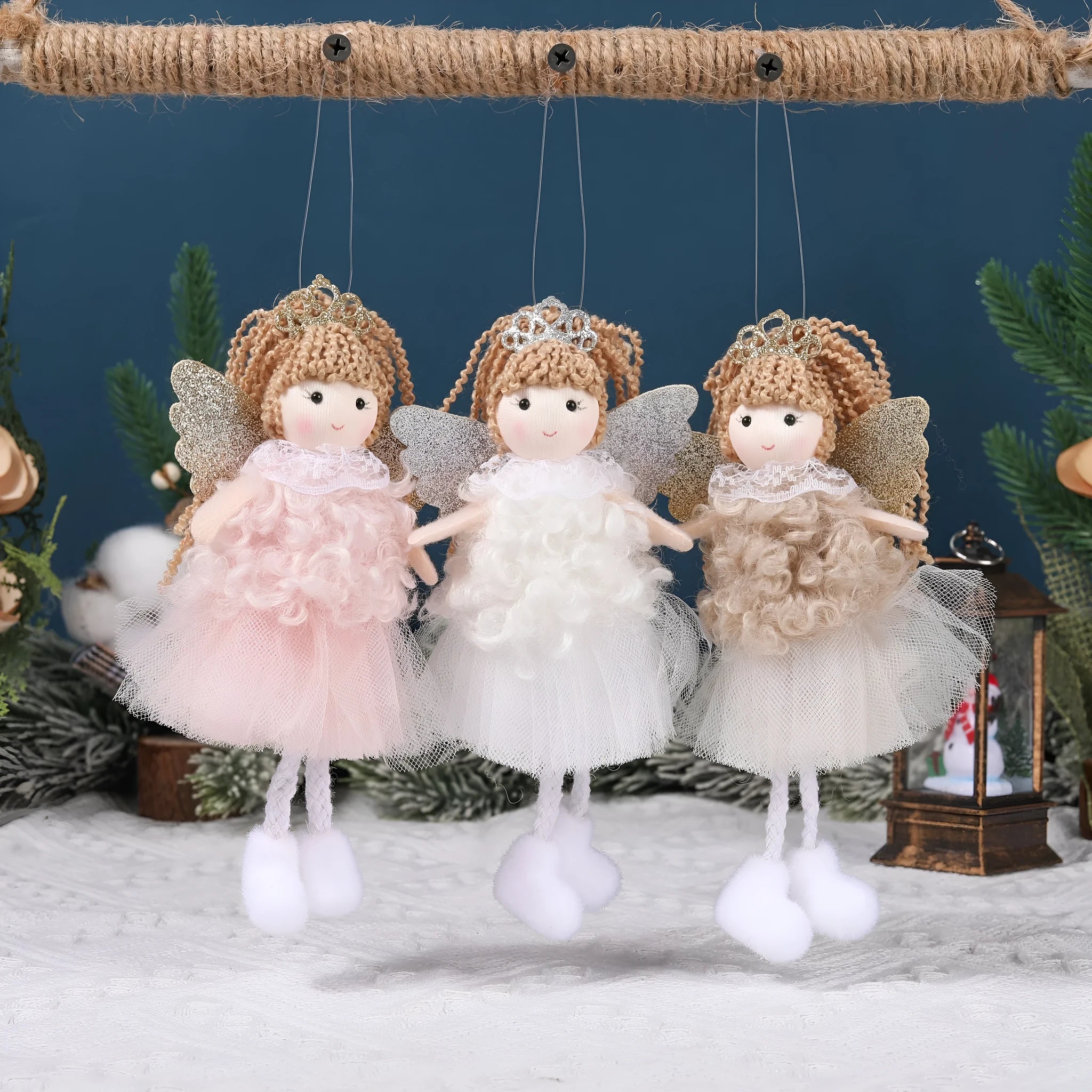 Cartoon angel cloth hair pendant for girls' high ponytails in white, pink, or khaki colour.