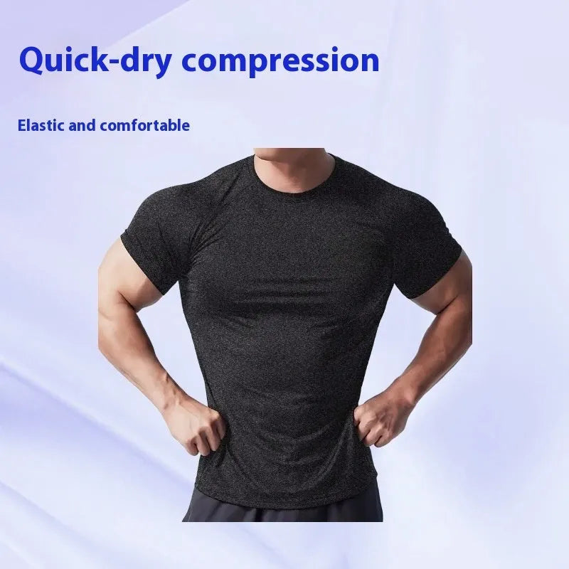 Men's black short sleeve casual T-shirt made from quick-dry polyester fabric on a hanger.