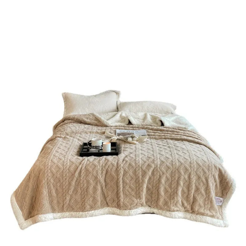 Polyester thermal winter blanket in tea green colour showing taffeta flannel texture