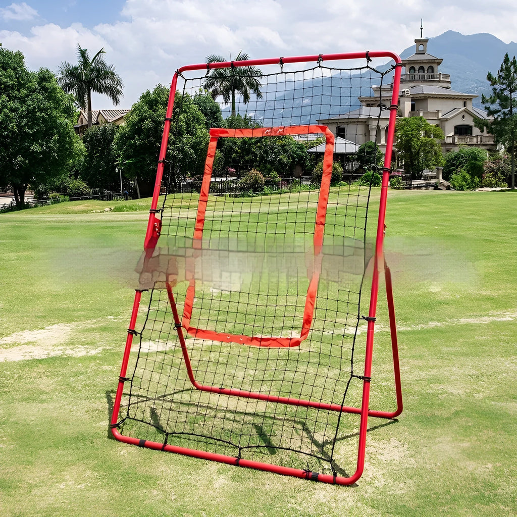 Red adjustable 4x6FT baseball training net with metal frame for backyard practice