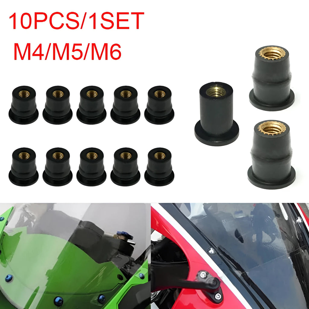 Black plastic motorcycle windshield rubber brass well nuts in M4 M5 M6 sizes pack of 10 pieces
