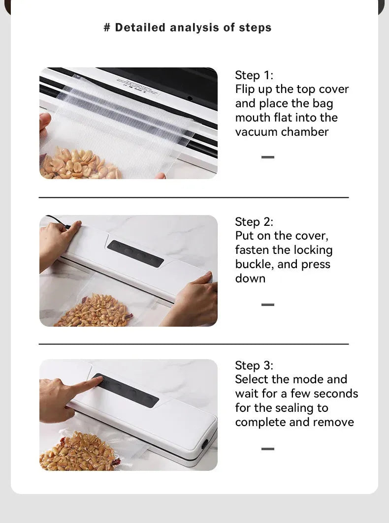 Compact white automatic vacuum sealer machine for household food preservation with portable design