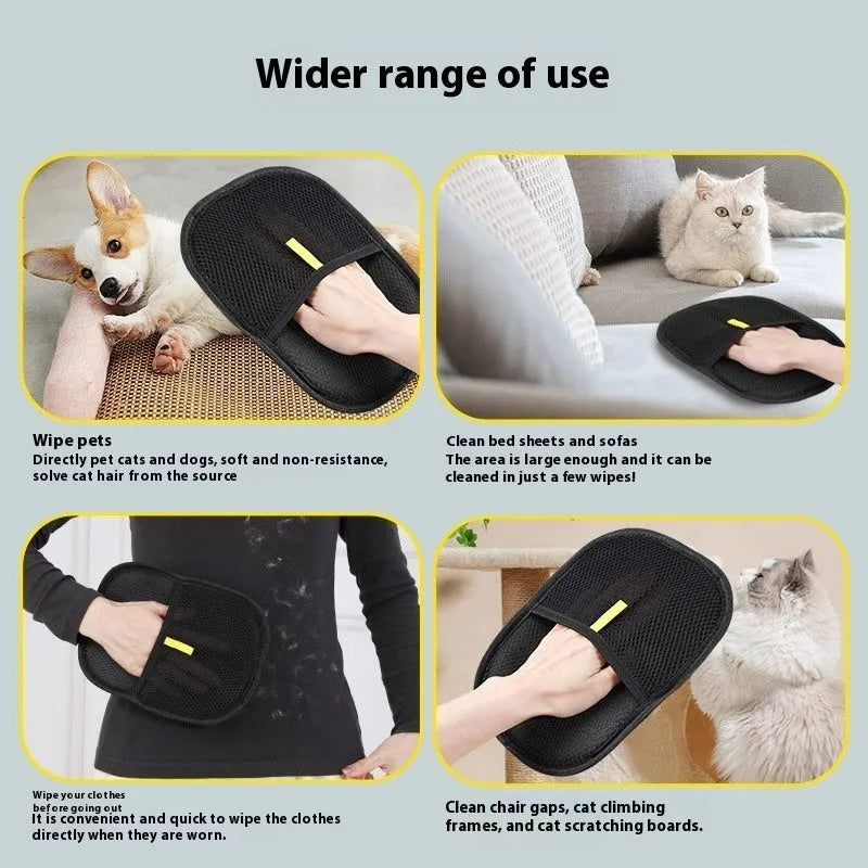 Black pet hair remover mitt measuring 24 by 16 centimetres with dual-sided silicone bristles for grooming dogs cats rabbits