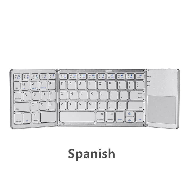 Ultra-thin tri-fold folding Bluetooth keyboard with touchpad shown in black and silvery white colours