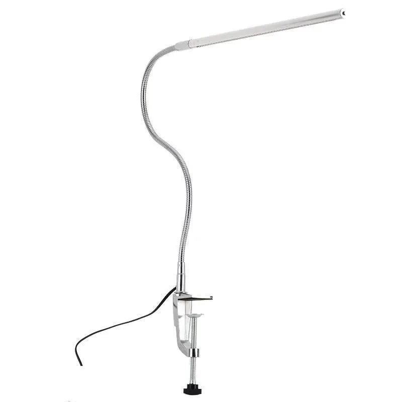 Silver aluminium alloy USB LED table lamp with a long arm and clip, showing 48 SMD beads for nail lighting.