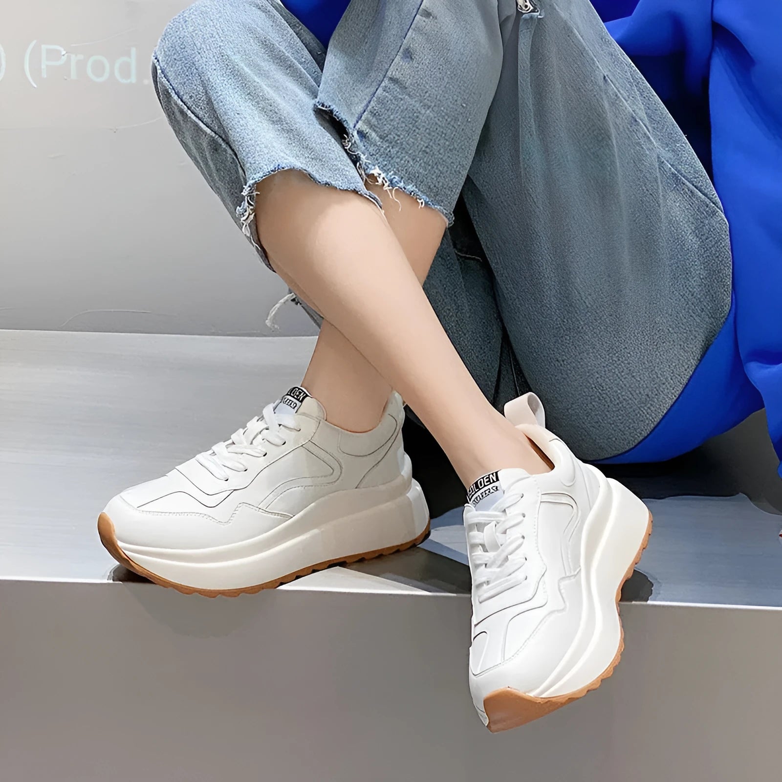 Women's beige cattlehide leather casual sports shoes with English muffin heel and cross strap design