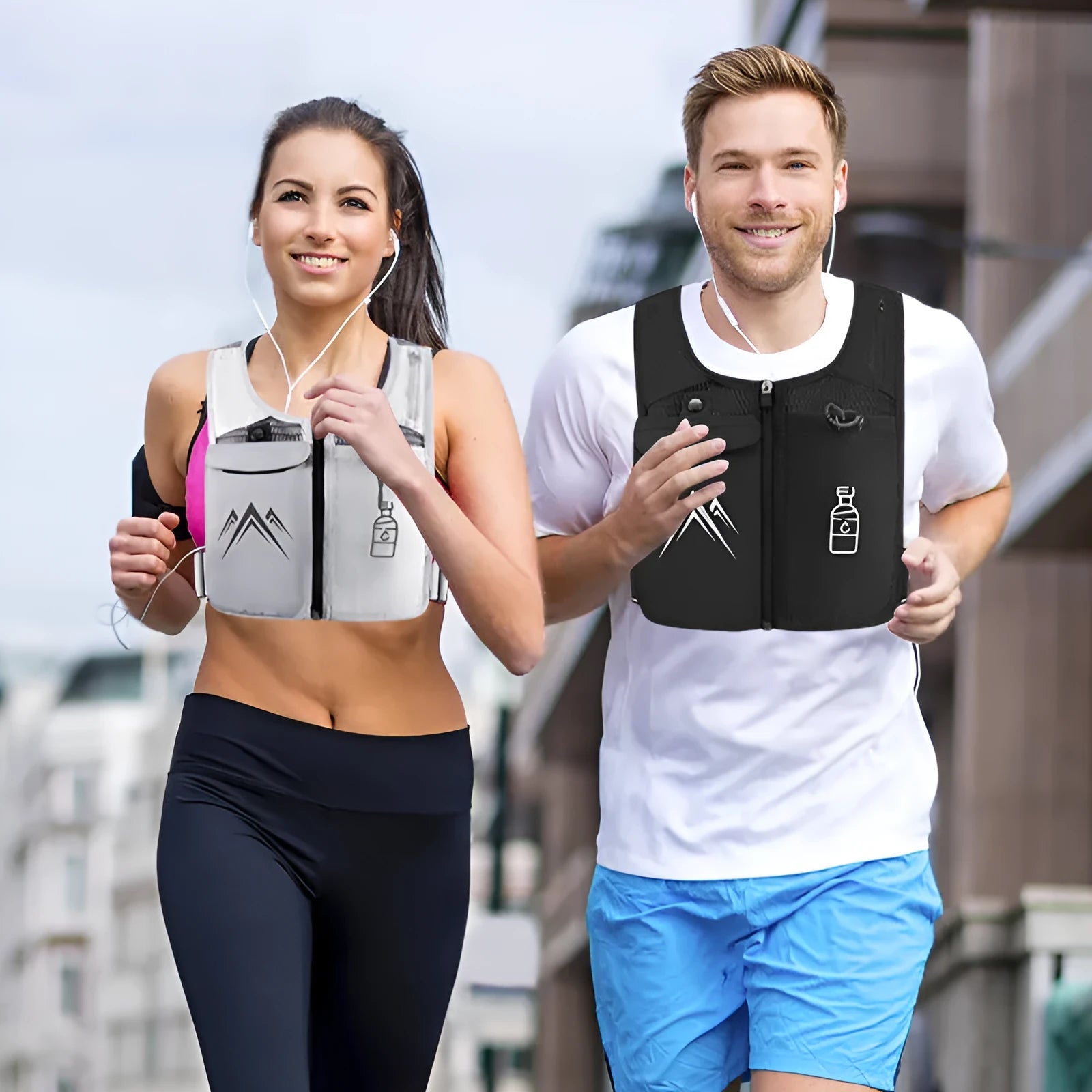 Unisex breathable mesh running vest with integrated phone pocket, shown in classic black and moonlight grey colours.