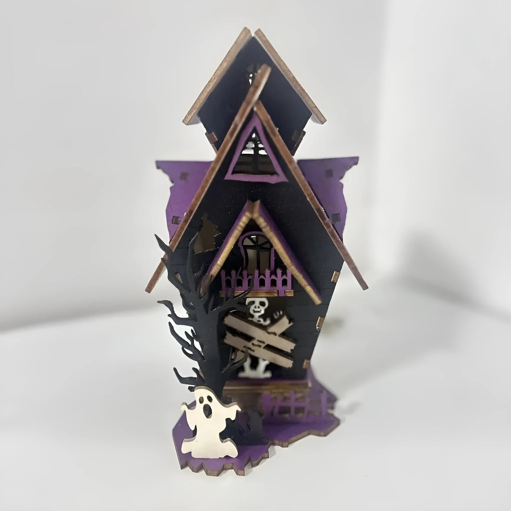 DIY wooden glowing haunted house Halloween table decoration for candles