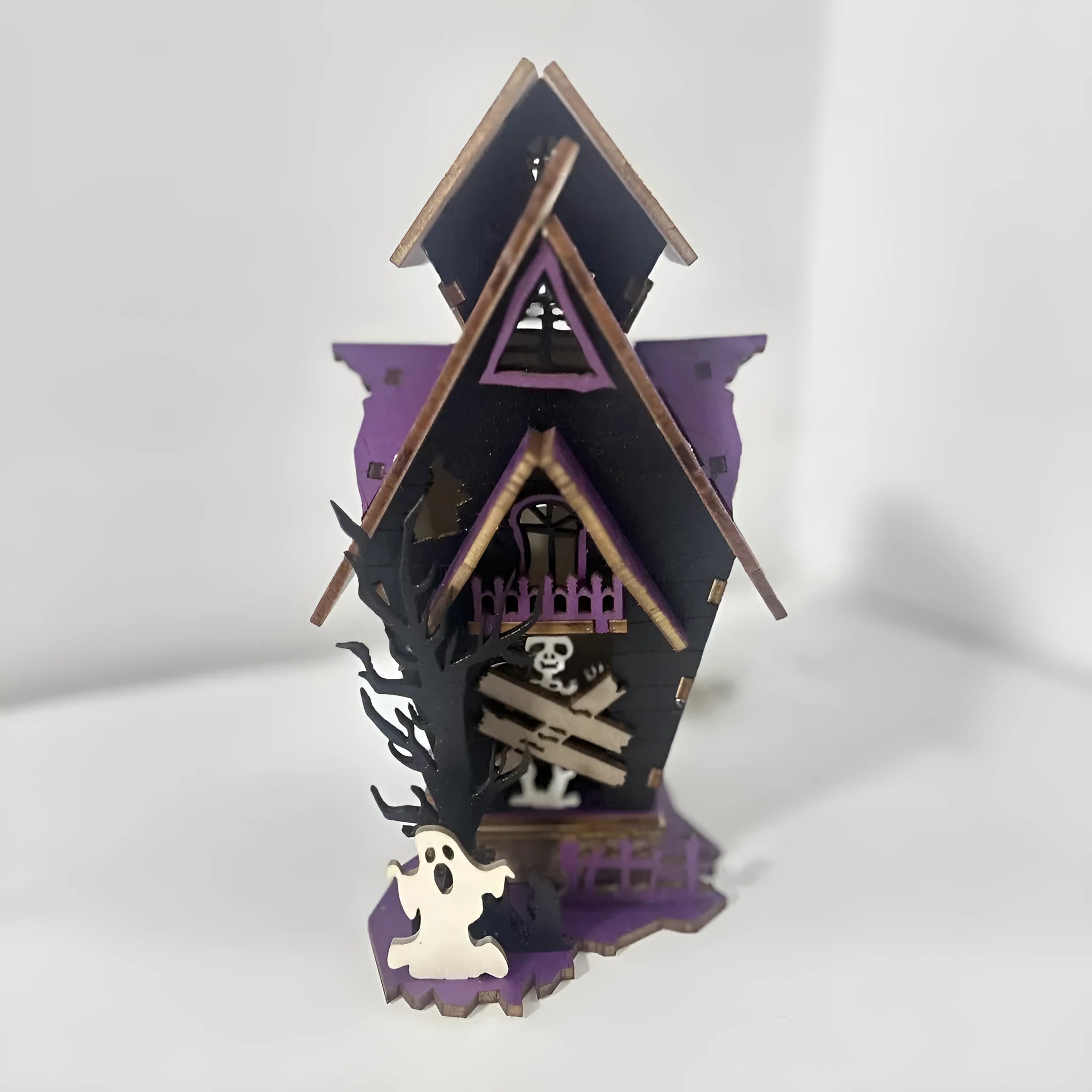 DIY wooden glowing haunted house Halloween table decoration for candles