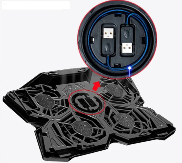 Blue LED PC cooling fan base with four fans, two speed switches, and USB ports