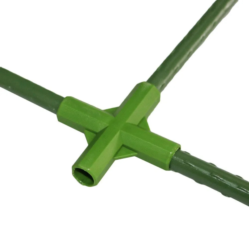 Two white plastic plant stake connectors, one three-way and one four-way, for 11mm garden stakes.