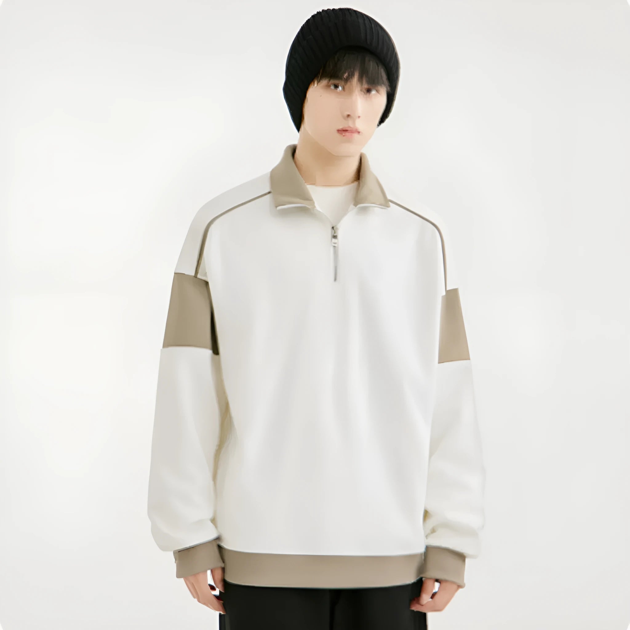 Men's beige rabbit fur corduroy hooded pullover sweater with drop shoulders and loose lapels on a hanger.