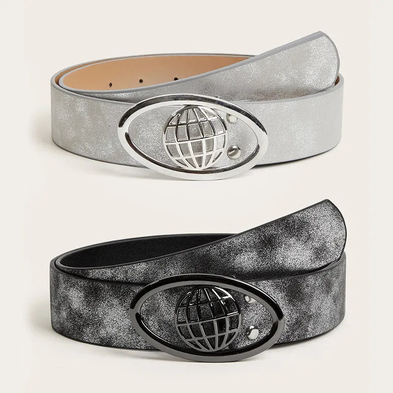 Retro women's belt with oval alloy buckle in thick PU leather, earth style grey white colour
