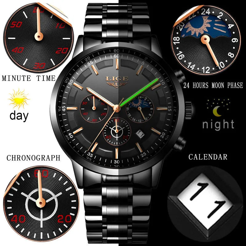 Men's waterproof quartz sports watch in black, blue, and rose gold colour combinations