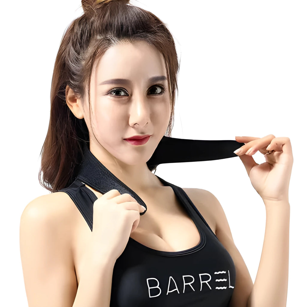 Black adjustable self-heating magnetic therapy neck guard showing straps.