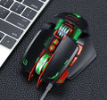 Thunder Wolf V9 black wired gaming mouse with six buttons on a mousepad next to a gaming keyboard.