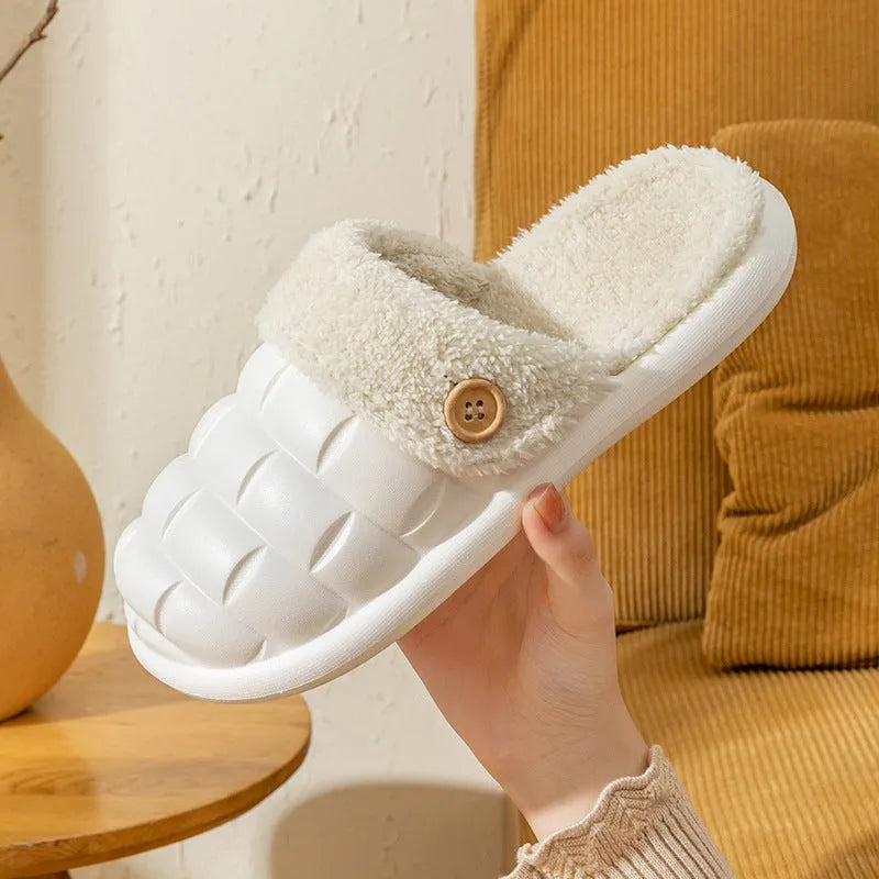 Detachable EVA slippers with plush lining in multiple colours showing round toe and flat heel design