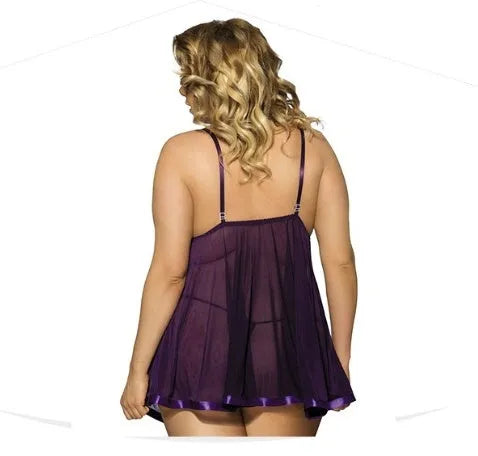 Seamless mesh and lace lingerie sleepdress in purple colour showing lace detailing