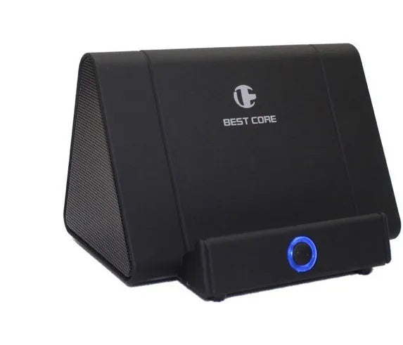 Mobile phone stand speaker in black with phone resting on stand showing speaker grille
