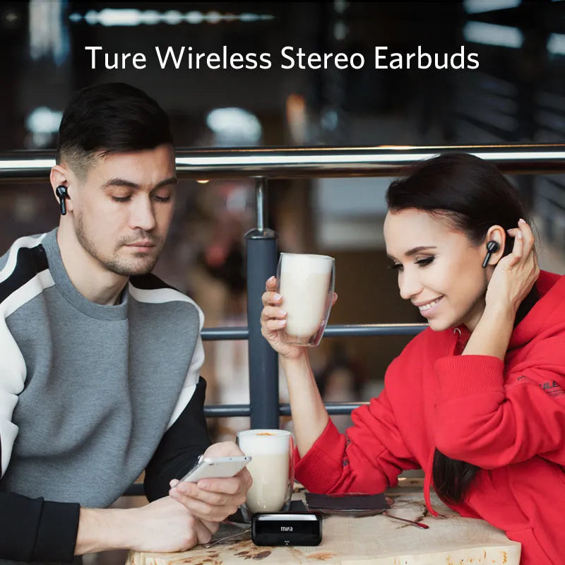 Black and white TWS wireless Bluetooth 5.0 earbuds with IPX5 waterproof rating