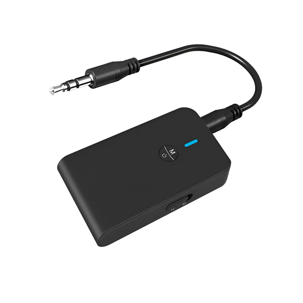 Black Bluetooth adapter with 3.5mm AUX connector and external power supply