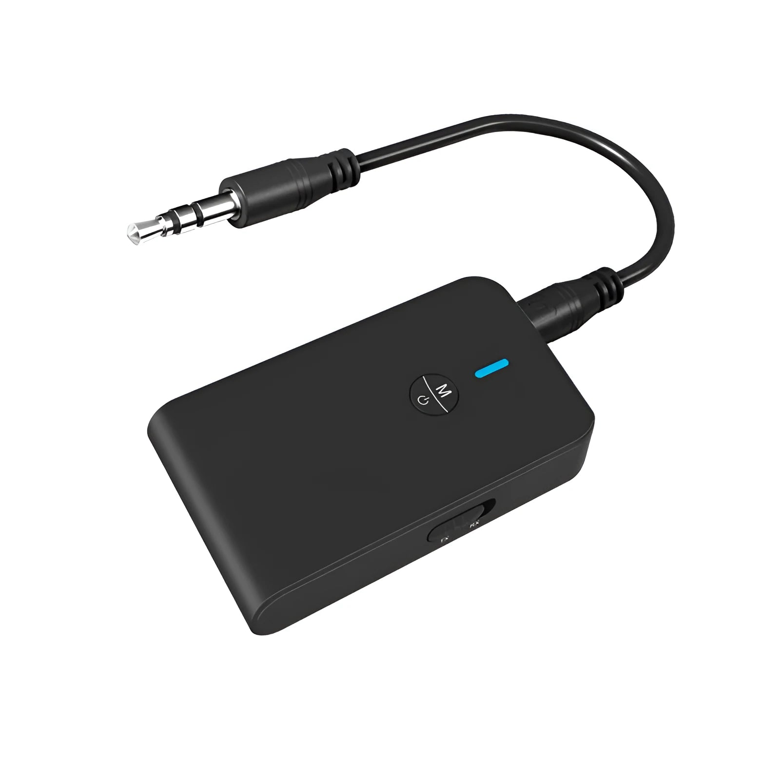 Black Bluetooth adapter with 3.5mm AUX connector and external power supply