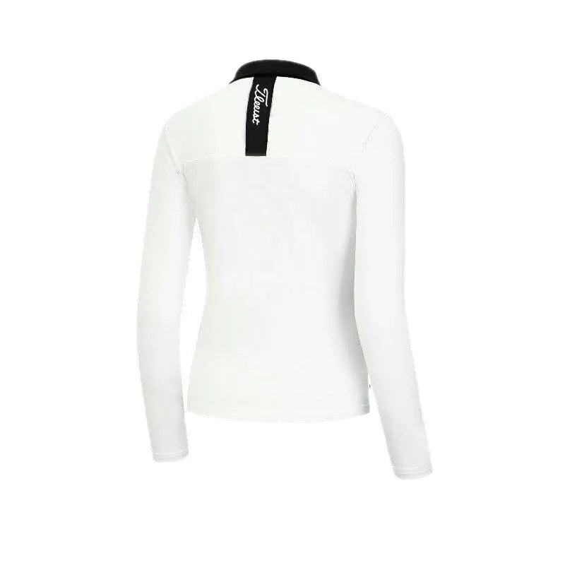 Women's white long sleeve golf top in slim-fit polyester sportswear