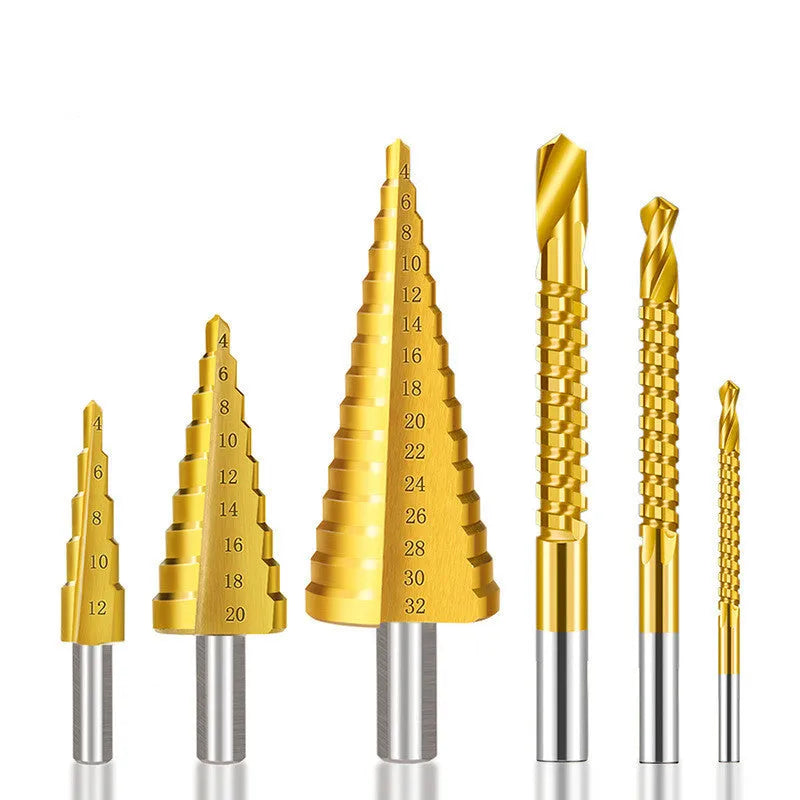 Cone drill bit punch set with high speed steel step drills and centre punches in six configuration options