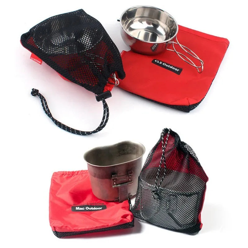 Red five-piece outdoor travel toiletry bag set with zippers and mesh panels