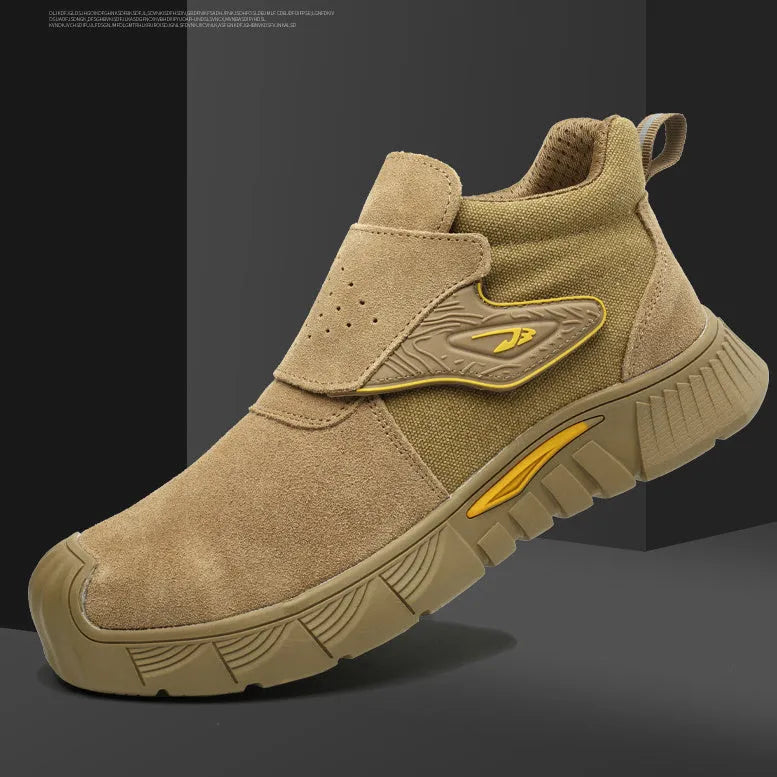 High-top grey steel toe cap industrial work shoes for welding and construction safety.