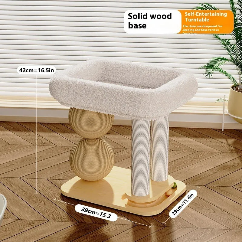 Pine wood cat nest with attached grasping balls in sisal style finish
