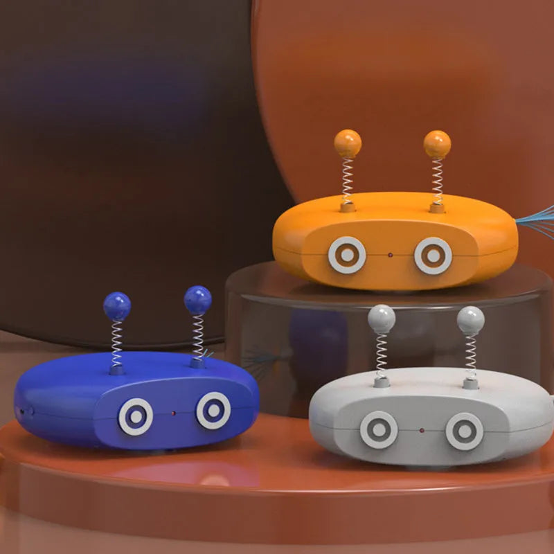 Electric robot cat toy with USB charging, feather stick, and laser in blue grey and yellow