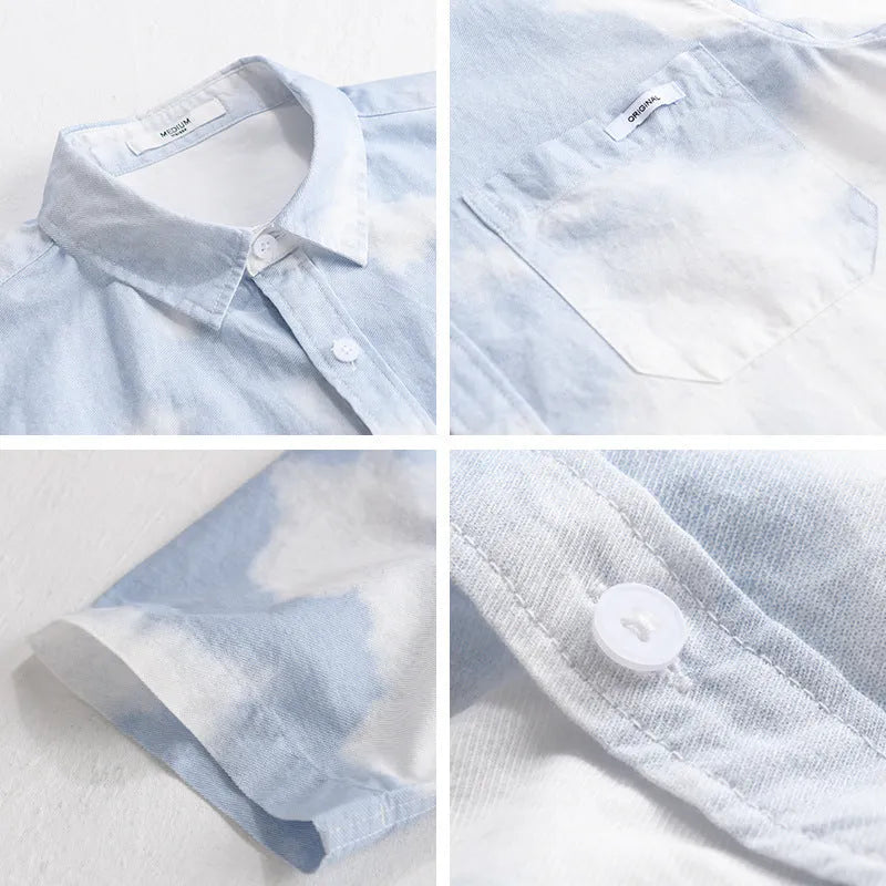 Men's light pink pure cotton summer shirt with loose cardigan style and short sleeves