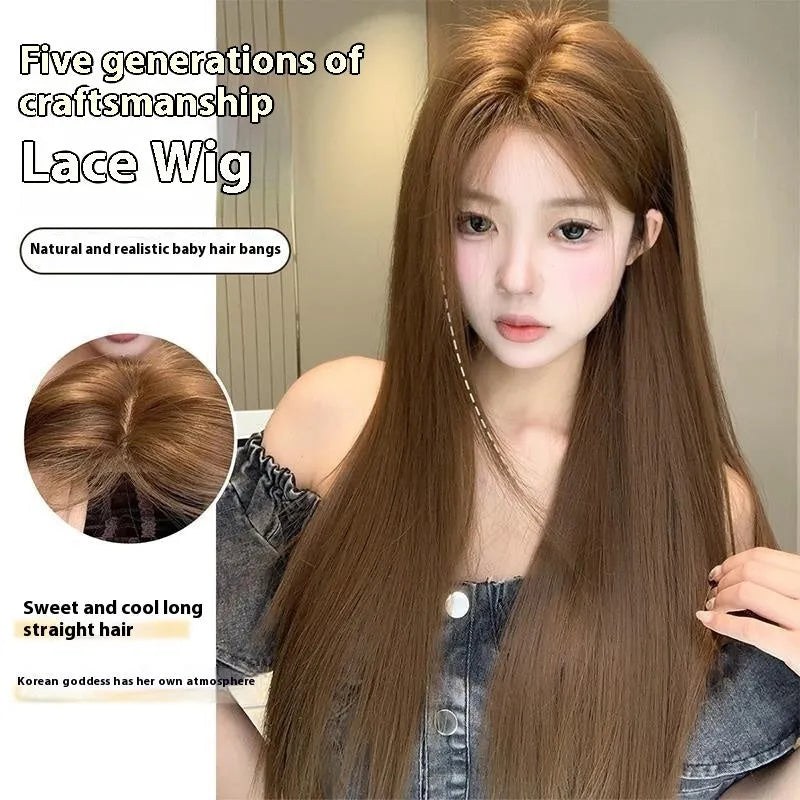 Long straight warm brown lace front wig with centre-parted bangs and forehead lace