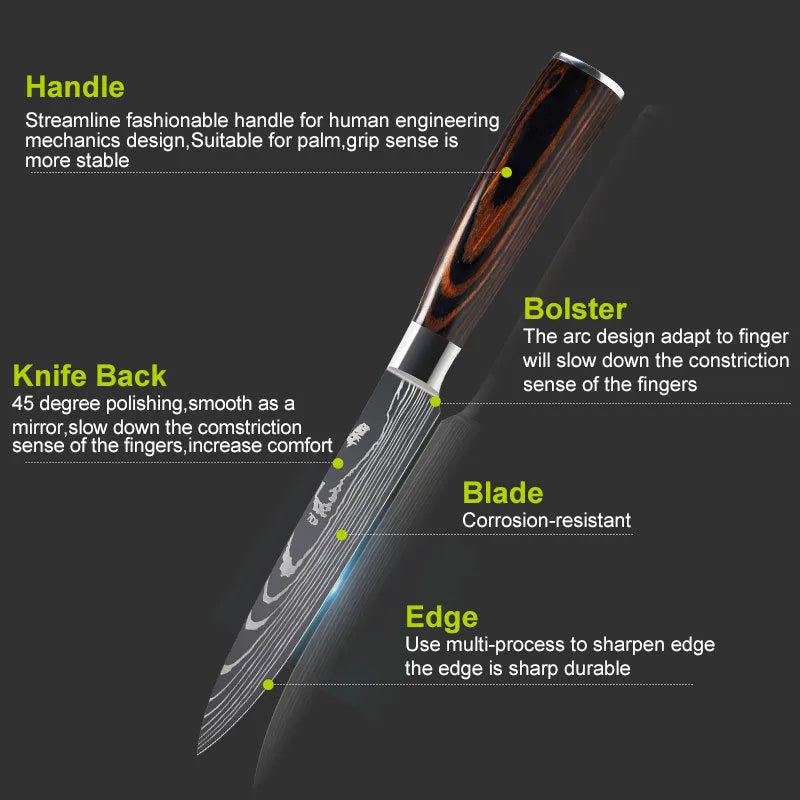 Chef knife with laser Damascus pattern blade and colour steel handle, 30cm long.