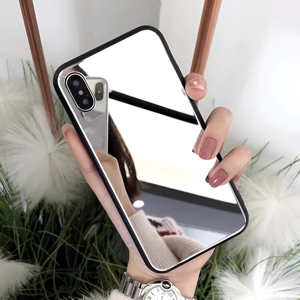 Black clear glass iPhone mirror phone case showing reflective surface and iPhone compatibility