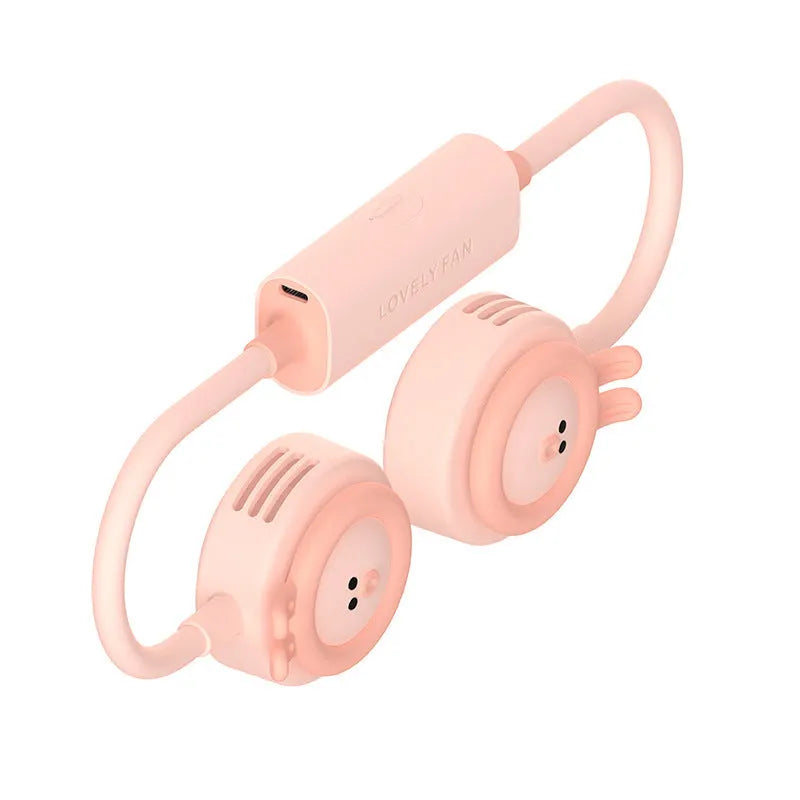 Pink leafless hanging neck fan with USB cable on a white background.