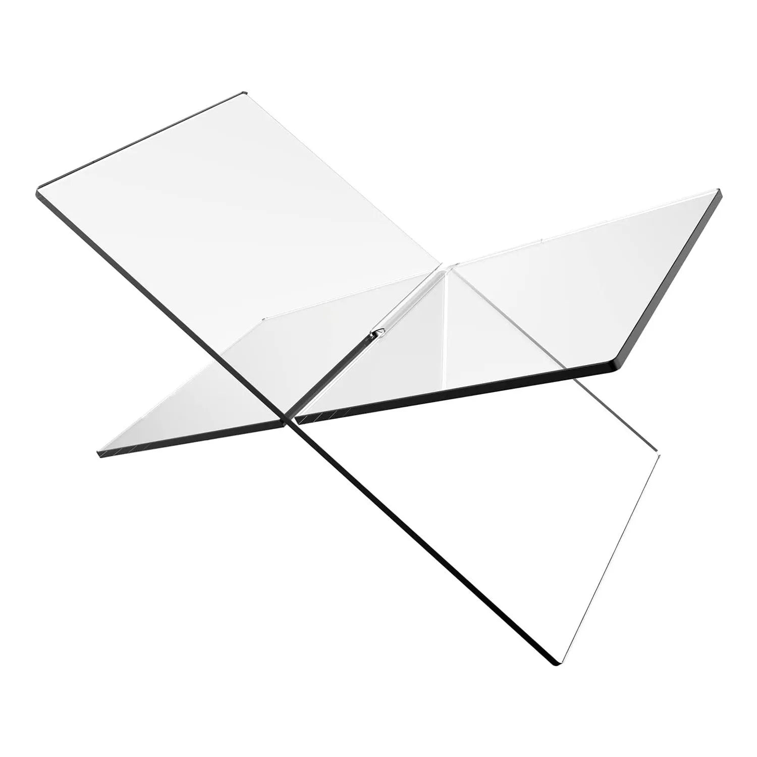 Clear acrylic X-shaped book reading rack holding books and magazines on a desktop