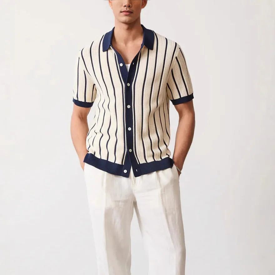White men's knitted V-neck top with asymmetric British style design and short sleeves