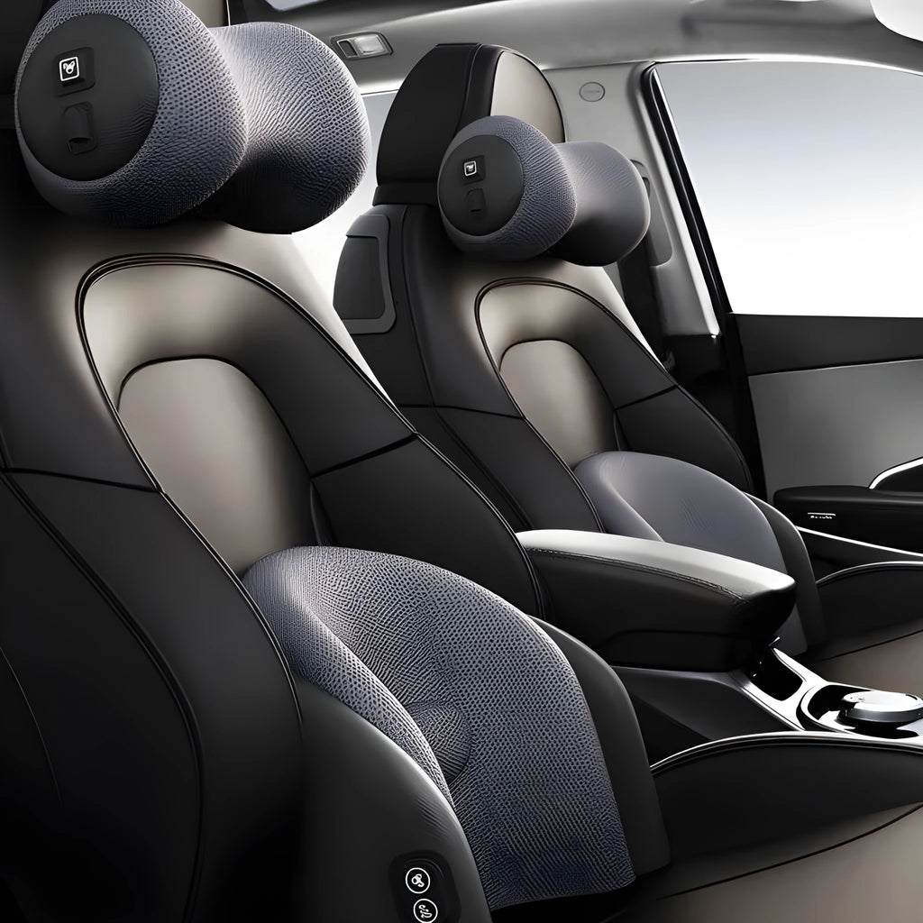 Memory foam car seat massage cushion for lumbar and headrest support in grey colour.