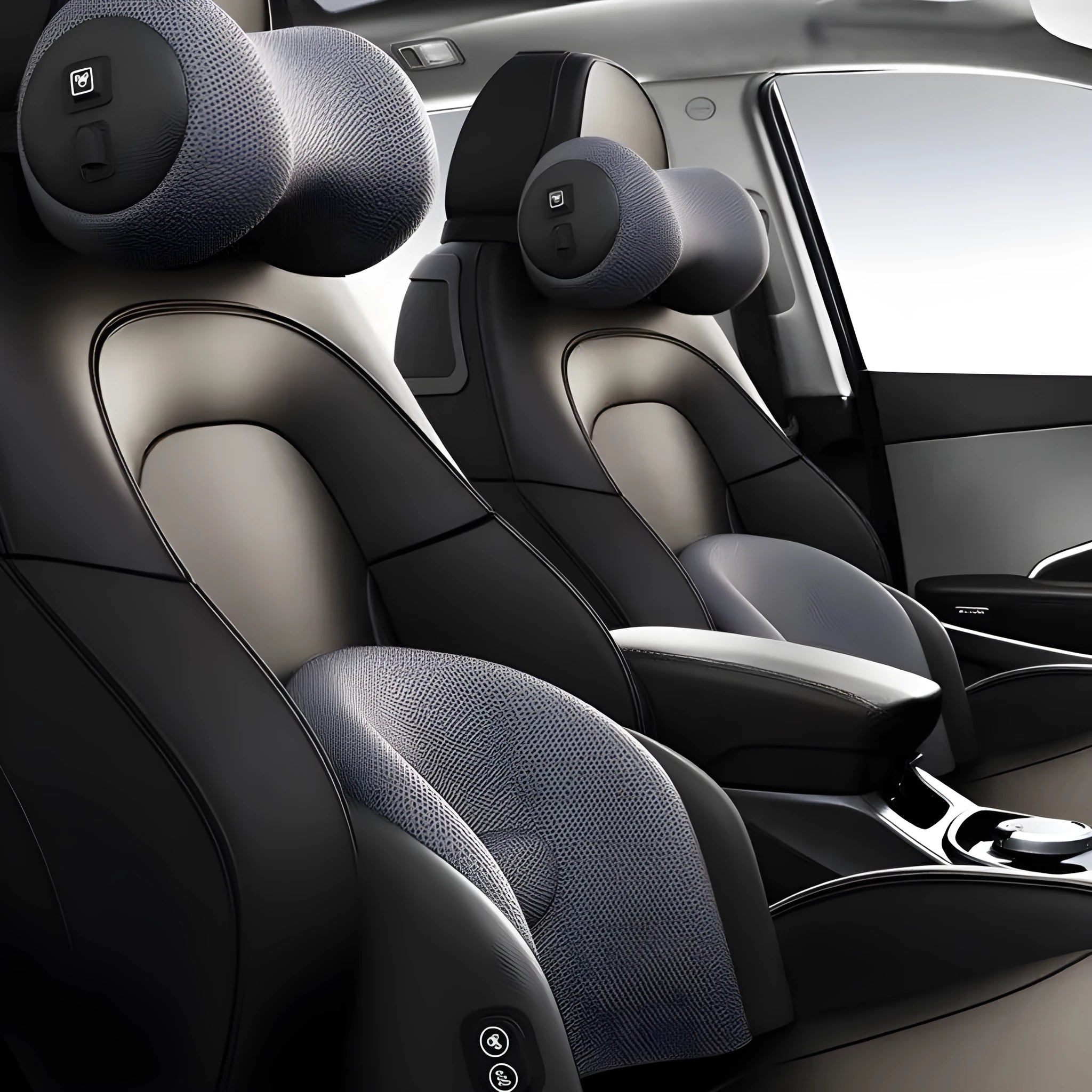 Memory foam car seat massage cushion for lumbar and headrest support in grey colour.
