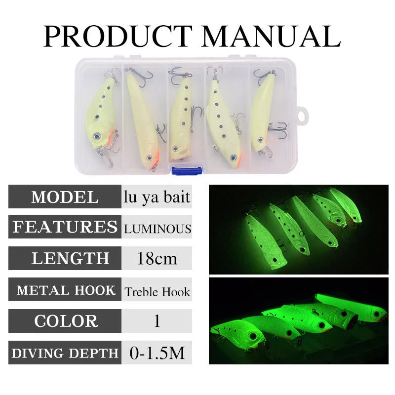Five fluorescent 3D simulation hard bait fishing lures with luminous design in multiple colours