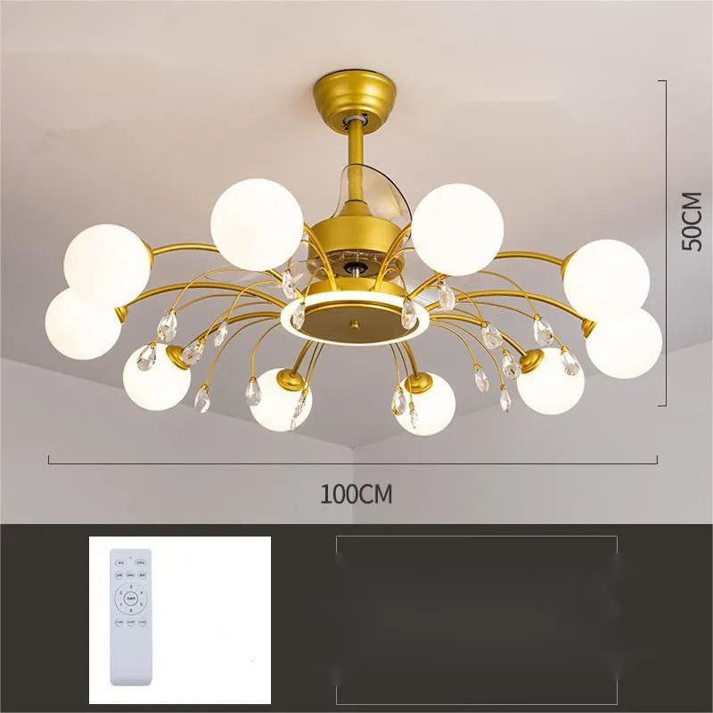 Ceiling fan lamp with chandelier design featuring multiple light heads and metal blades in black finish