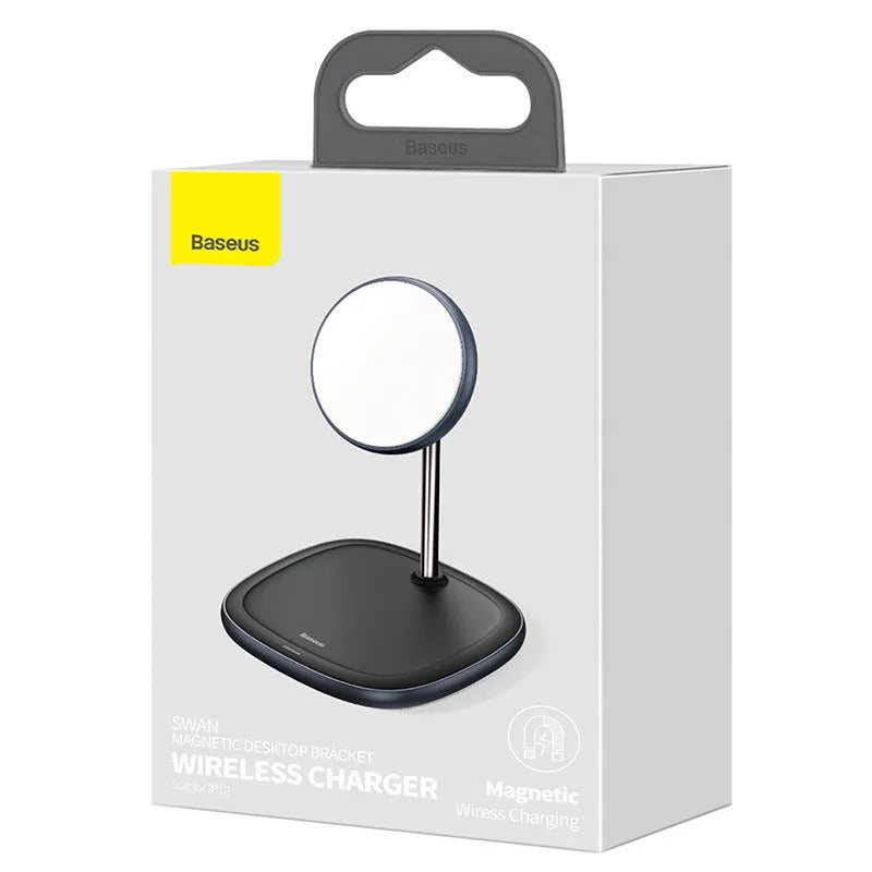 Black Swan magnetic wireless charging stand holding an iPhone 12 upright on a desk