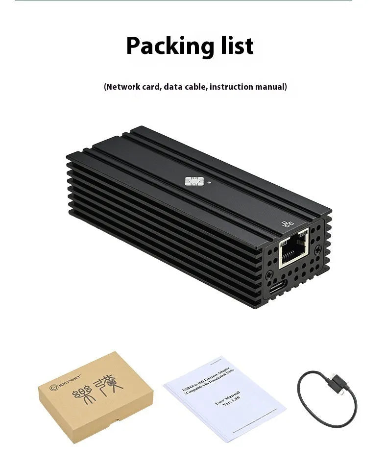 Black USB4 to 10G RJ45 ethernet network adapter with a short cable.