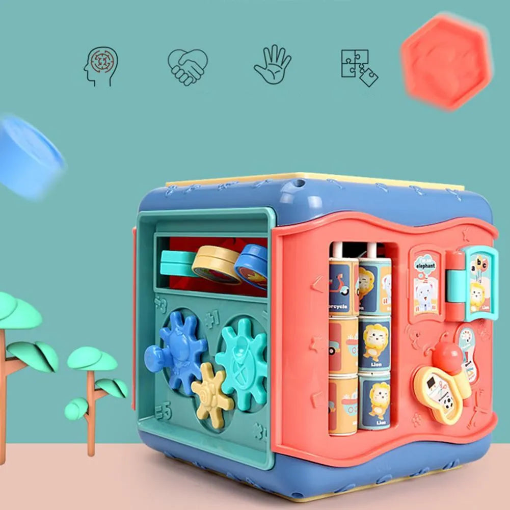 Baby hexahedron educational toy with six different Montessori learning activities on each side