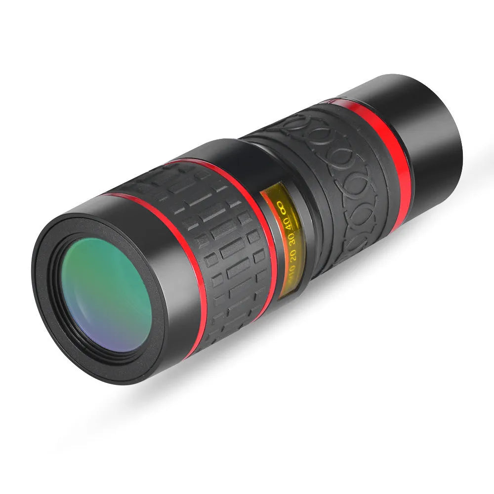 20x magnification smartphone telescope with universal mounting clip and single eye mask.