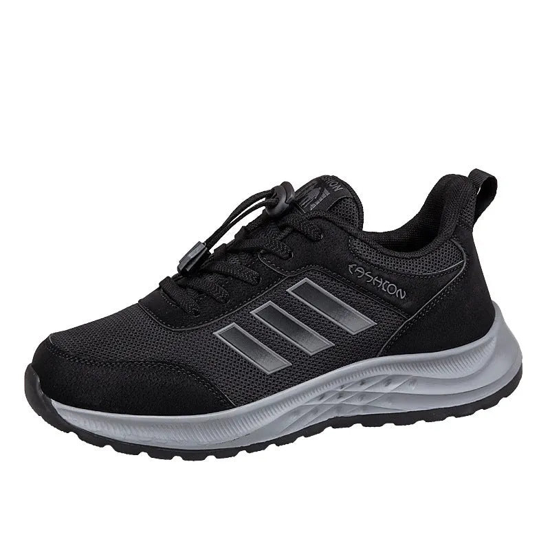 Men's and women's breathable mesh slip-on sneaker in black on a light background.