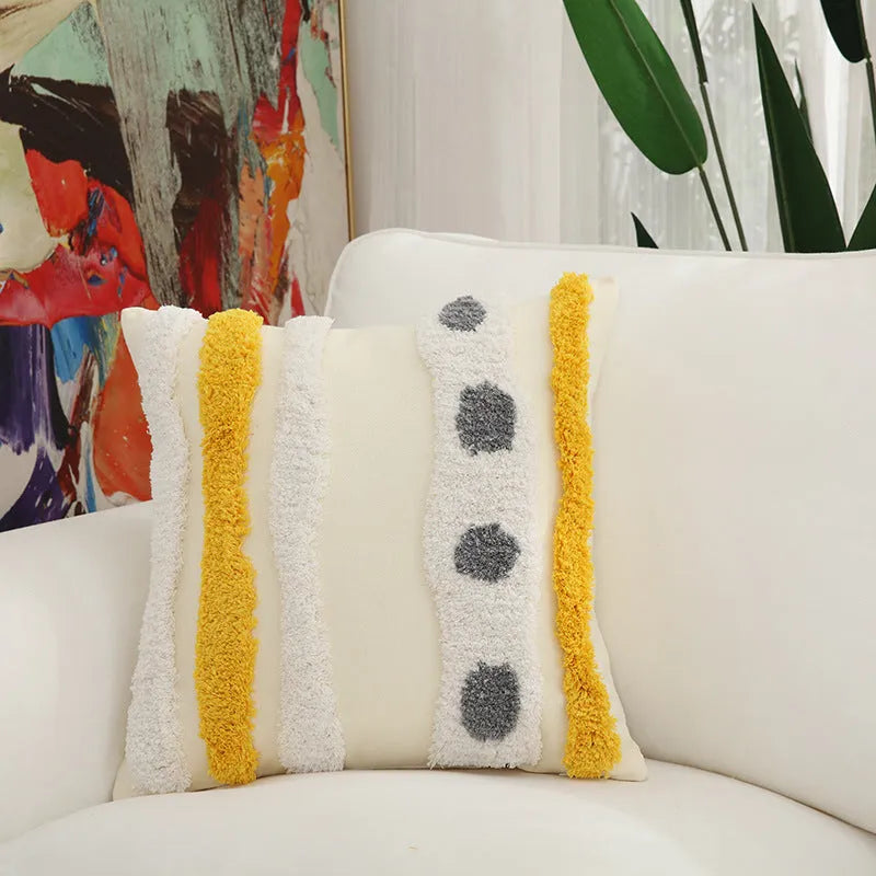 Cotton velvet embroidered pillowcase with tassel detail in retro style, 45x45cm size