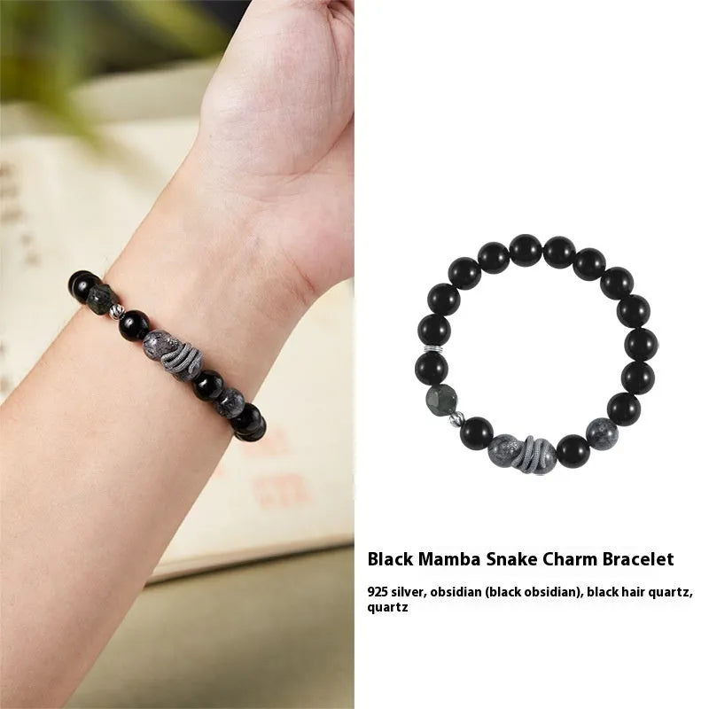 Men's black obsidian and sterling silver snake bracelet with retro Zodiac design